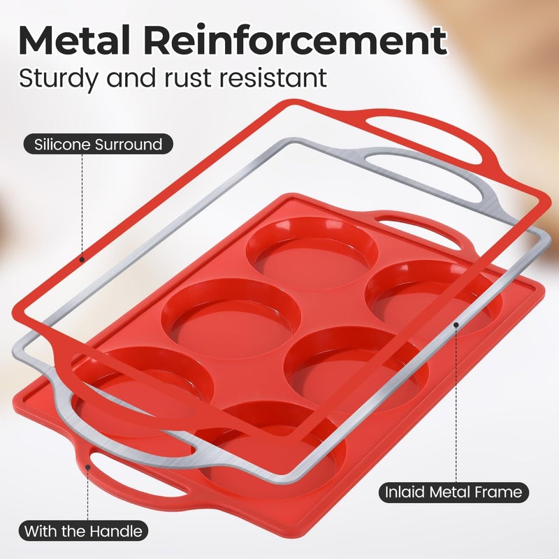CAKETIME Silicone Muffin Top Pan with Metal Frame, 4 Inch Jumbo Non Stick Round Egg Baking Pan for Oven English Muffins, Whoopie Pies, Corn Bread, Egg Bites, Breakfast Sandwiches Tarts 2 Pack Red - Image 2